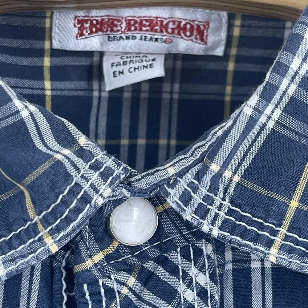True Religion Pearl Snap Shirt Mens XLarge Blue Plaid Cotton Long Sleeve Western